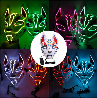 Glowing demon slayer cat face mask with cold light fox design for women’s masquerade cosplay and haunted house decor