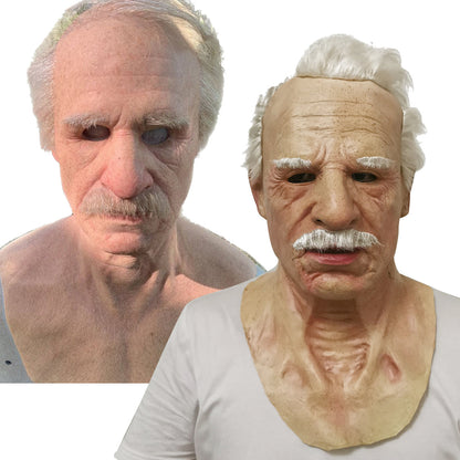 Old man Halloween mask with white hair, white beard, and headgear