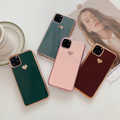 Luxury plating love phone case with glossy finish and heart design, shown from the front