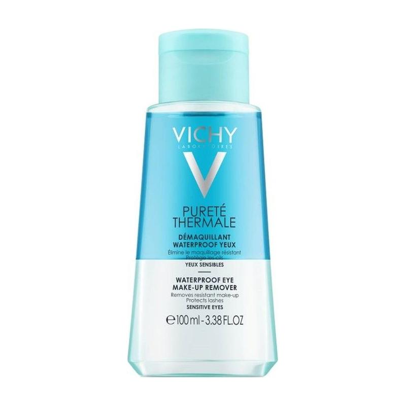 Vichy Purete Thermale waterproof eye make-up remover in 100 ml bottle, gentle and effective for removing eye makeup.