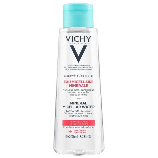 Vichy 3-in-1 Sensitive Skin Micellar Cleansing Water and Makeup Remover bottle, 200ml, with clear label and cap.