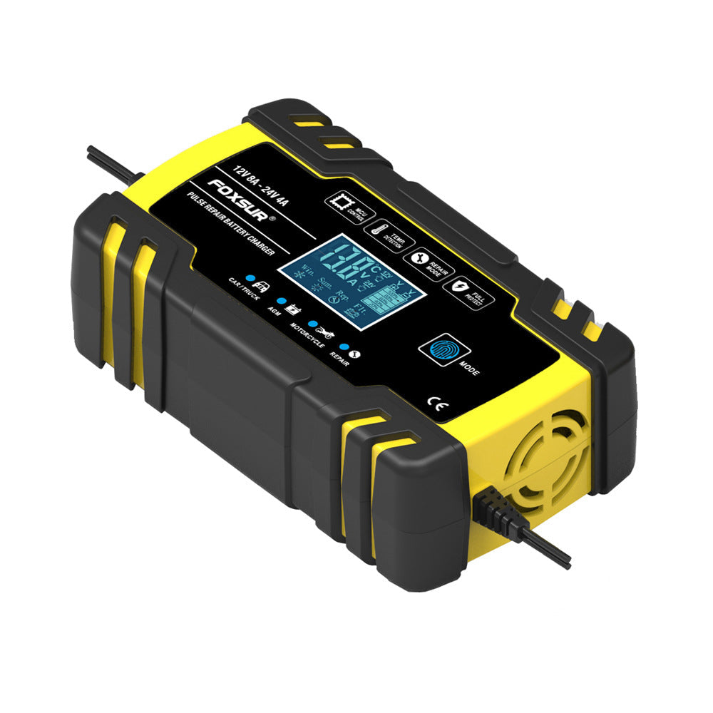 Motorcycle pulse battery charger by My Store, compact charger shown with attached charging leads