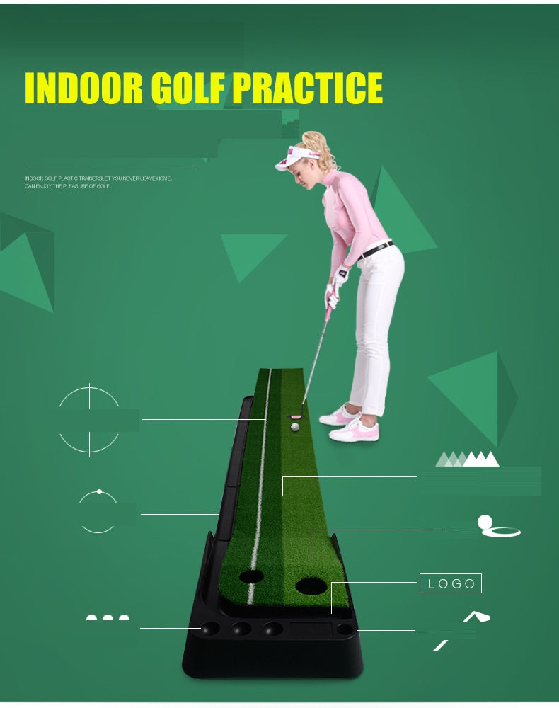 Golf putting mat and putter trainer practice set with green carpet, 2.5m x 3m, for indoor putting practice