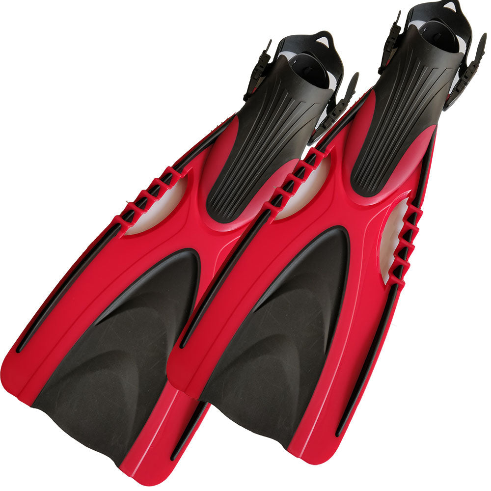 Adjustable long fin fins, My Store brand diving equipment shown from the side