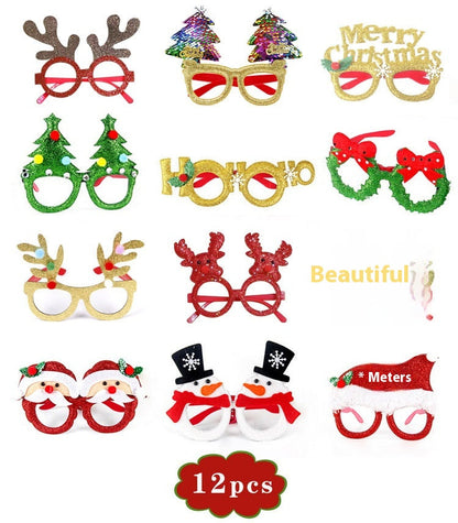 Christmas decorations glasses suit in festive holiday design, product set displayed on a plain background