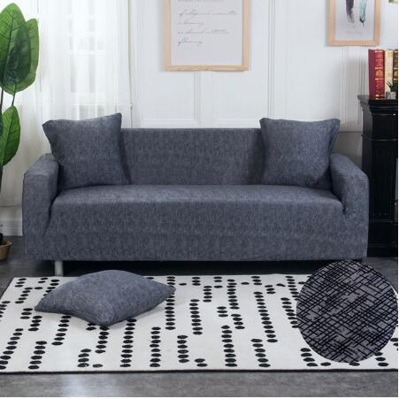 Elastic universal sofa cover in neutral fabric, shown fitted over a standard sofa with elastic edges