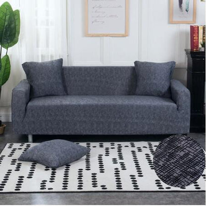 Elastic universal sofa cover in neutral fabric, shown fitted over a standard sofa with elastic edges