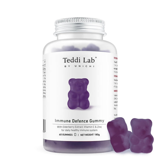 Unichi Immune Defence Gummy with elderberry, vitamin C, and zinc in berry flavor, 60 count, showing the gummy supplements.