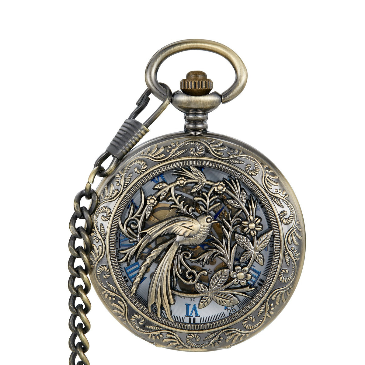 Roman-style semi-automatic mechanical pocket watch with classic Roman numeral dial and polished case