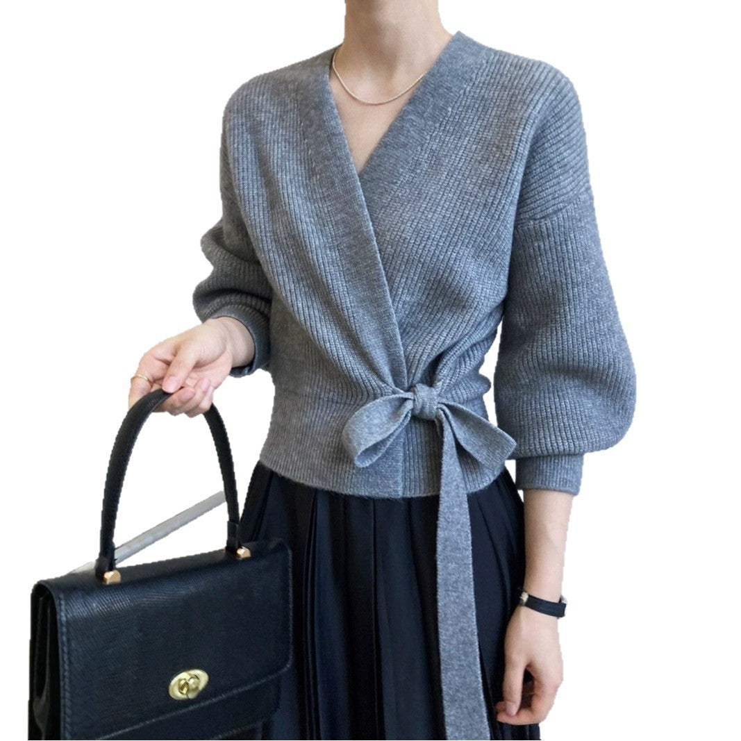 French-style vintage collar lace-up loose-fitting knit cardigan for outerwear by My Store