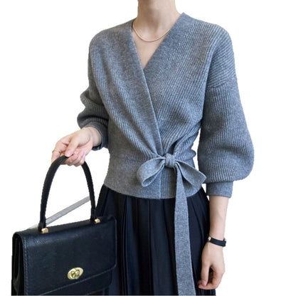 French-style vintage collar lace-up loose-fitting knit cardigan for outerwear by My Store