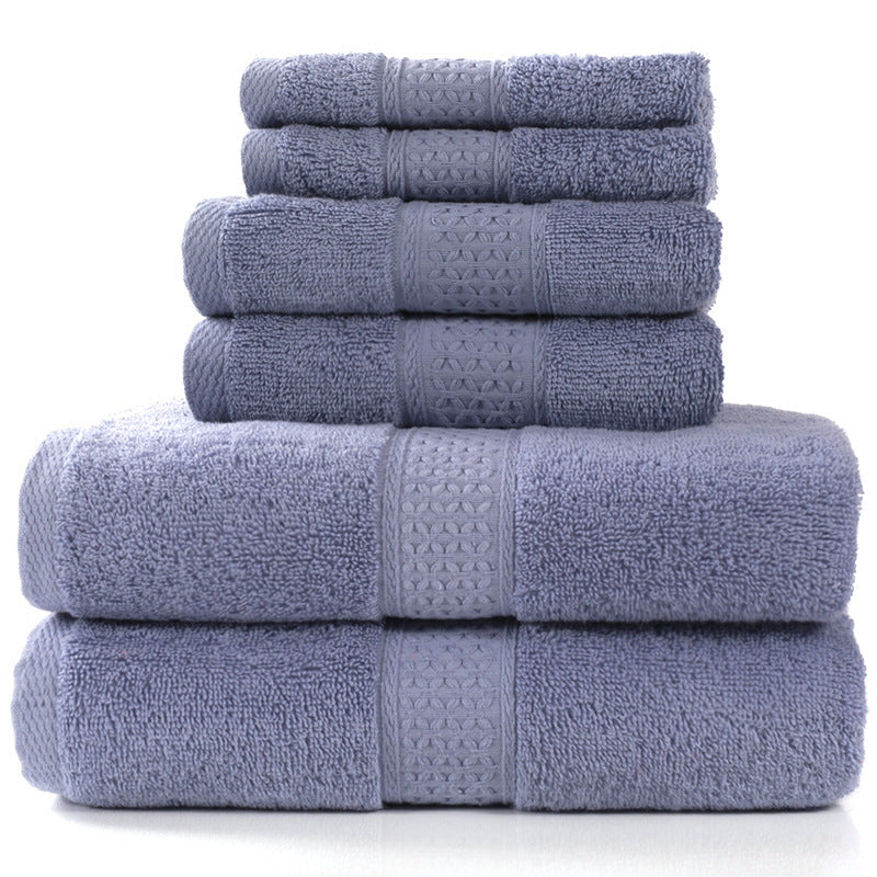 Cotton absorbent towel set, available in 3-piece and 6-piece options, folded together