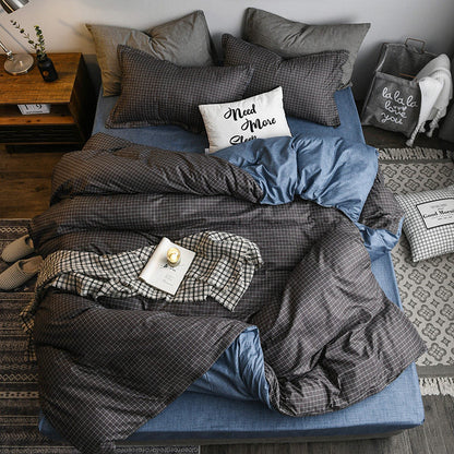 Bed sheets set with quilt and duvet cover bedding, 4-piece set shown flatly arranged