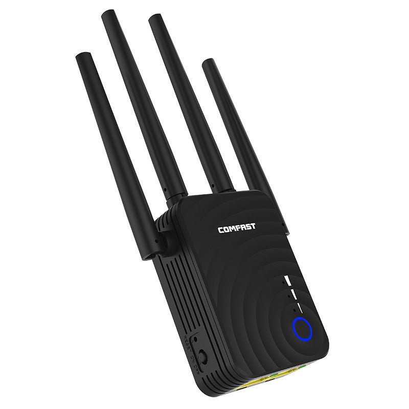 Dual-band 1200-megabit wireless relay router with compact design and visible antennas