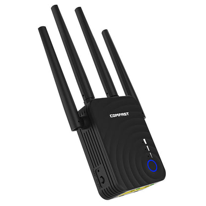 Dual-band 1200-megabit wireless relay router with compact design and visible antennas