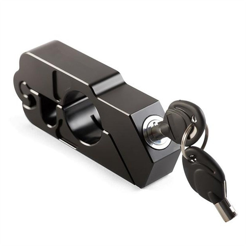 Motorcycle handlebar lock shown in black, compact design for securing motorcycle handlebars