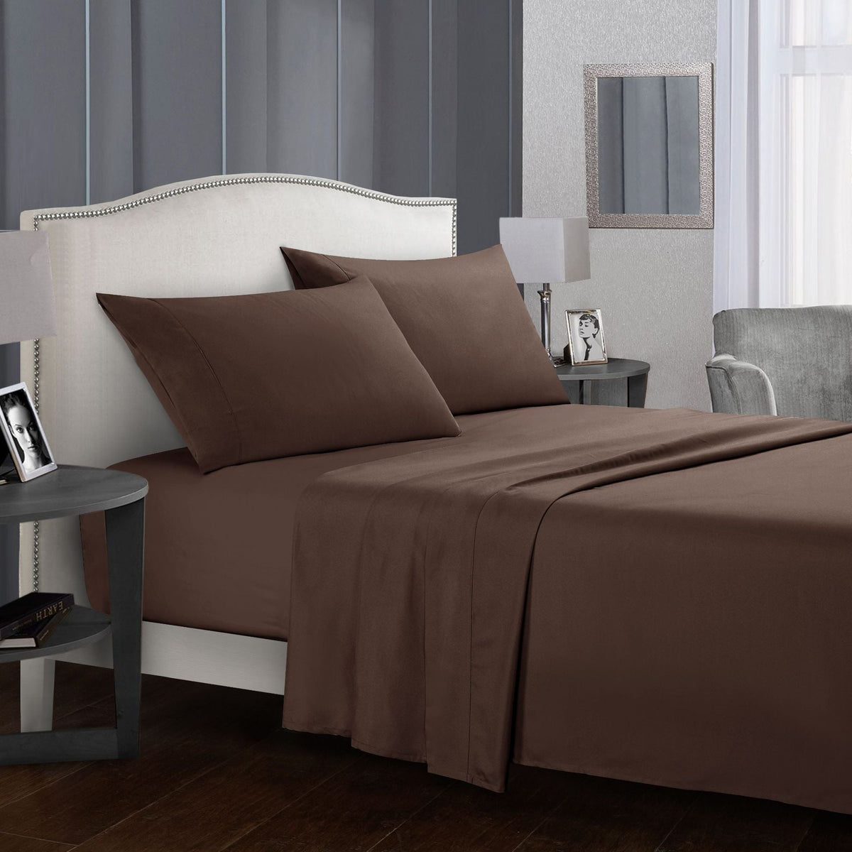 Four-piece bed sheet set by My Store, showing fitted sheet, flat sheet, and two pillowcases