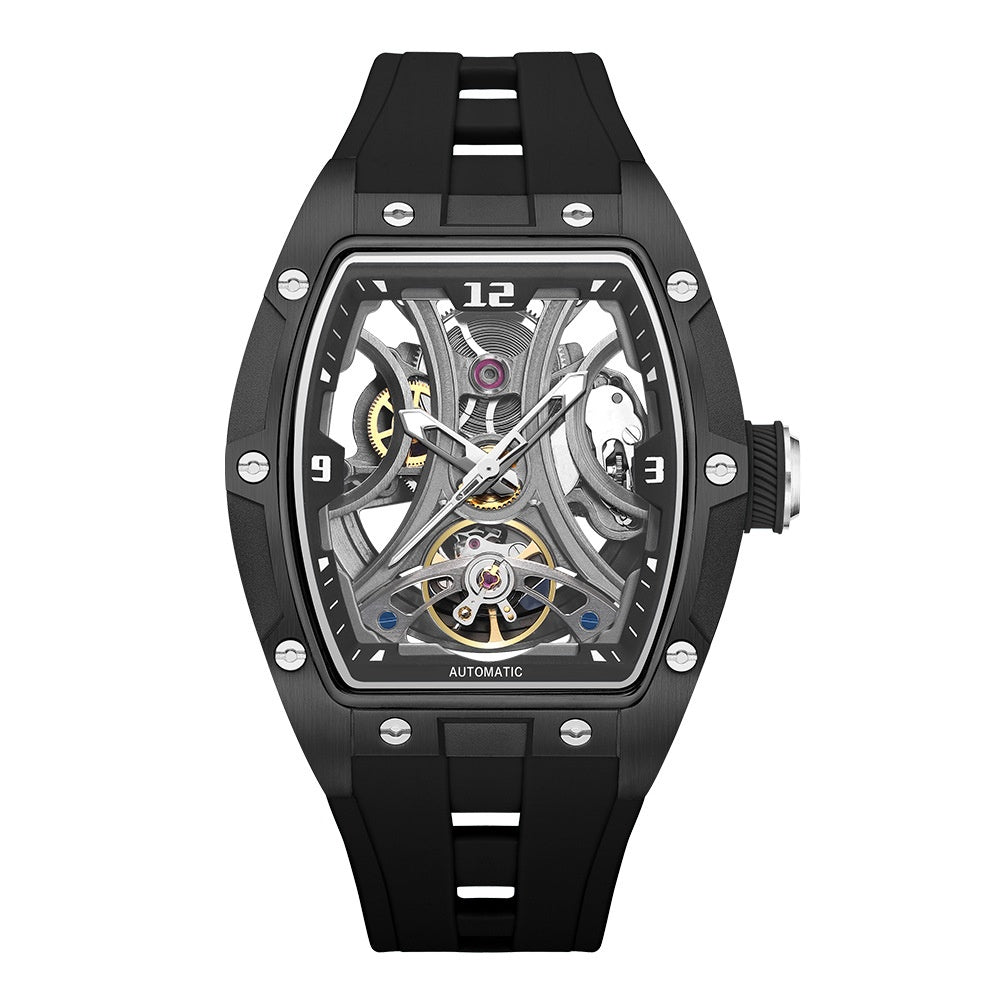 Barrel-shaped full skeleton automatic watch with a stainless steel case and exposed mechanical movement