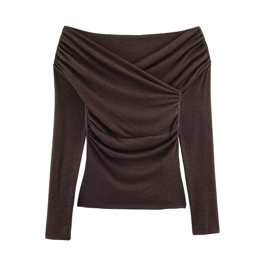 Women's fashionable double pleated collar pleated T-shirt top in a versatile all-match style