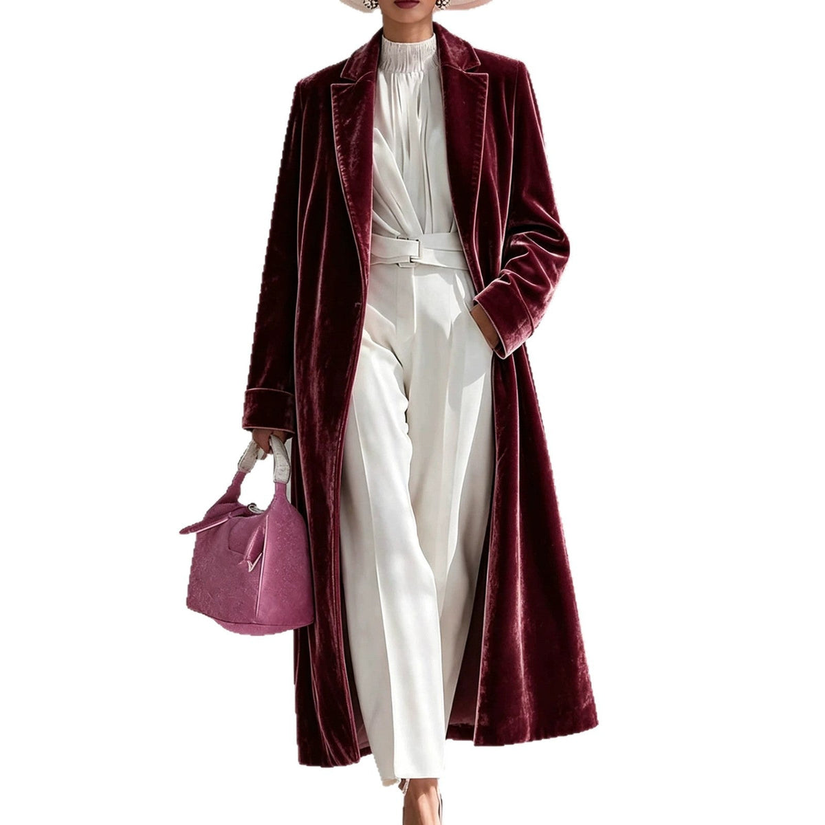 Women's V-neck over-the-knee velvet coat in a long, elegant design