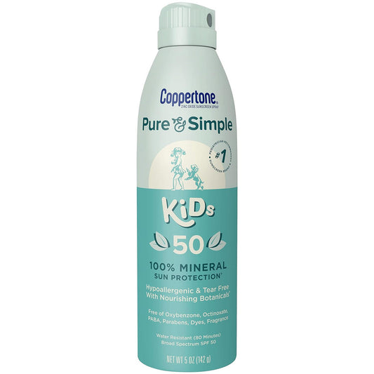 Coppertone Pure & Simple Kid's Sunscreen Spray SPF 50 in 5oz bottle, featuring a child-friendly design and easy-to-use spray format.