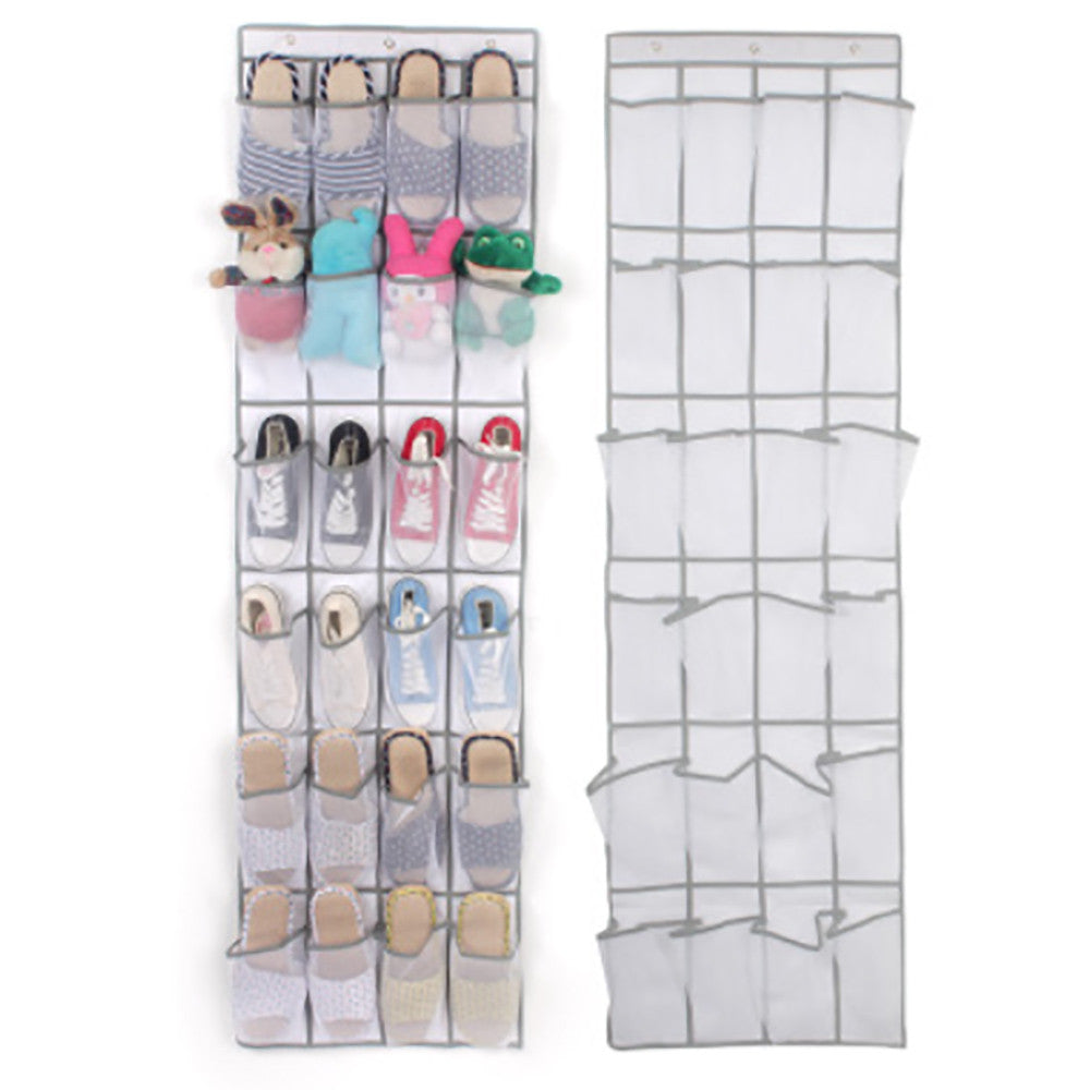 24-pocket shoe space door hanging storage rack in white fabric with clear pockets for organized footwear storage