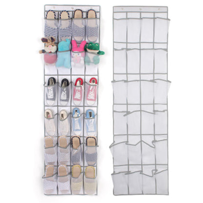 24-pocket shoe space door hanging storage rack in white fabric with clear pockets for organized footwear storage