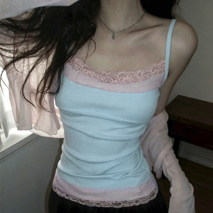 Women's Y2K color-block slim-fit tank top with lace trim, summer style in a versatile design