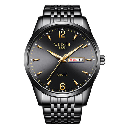 Luminous waterproof leather-strap quartz watch for men with a classic round dial