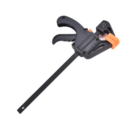 Woodworking F-clamp in black metal for secure wood project clamping