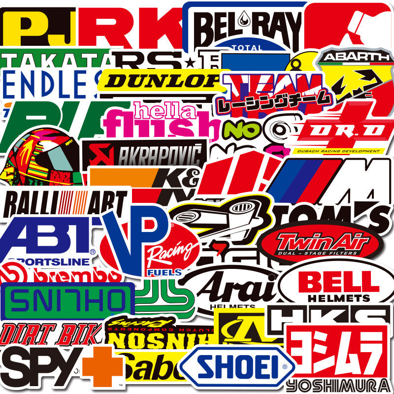 Car and motorcycle stickers displayed together in assorted designs
