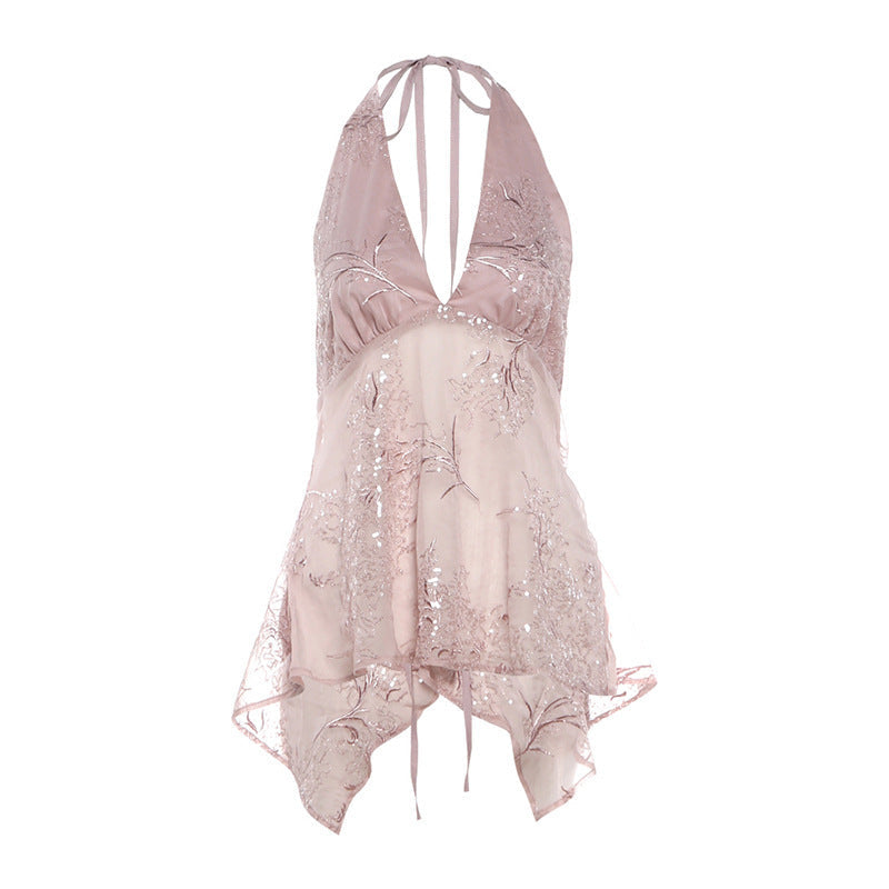 Deep-V halter floral mesh hollow-out slim-fit camisole in a figure-flattering design