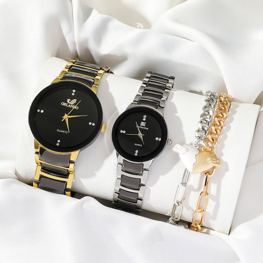 Fashion heart bracelet and couple watch suit with simple all-match design, silver-tone accessories set