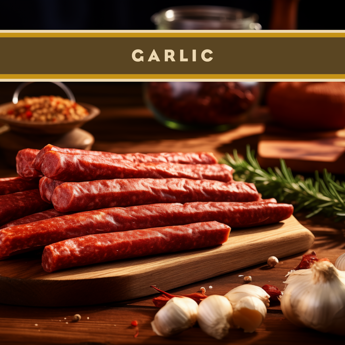 Wisconsin Garlic Beef Stick sausage by Artas'n Meats, showing a close-up of the seasoned beef stick with garlic flavor.