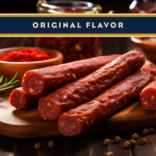 Artas'n Meats original flavor beef sausage stick, seasoned and ready to eat, displayed on a plain background.