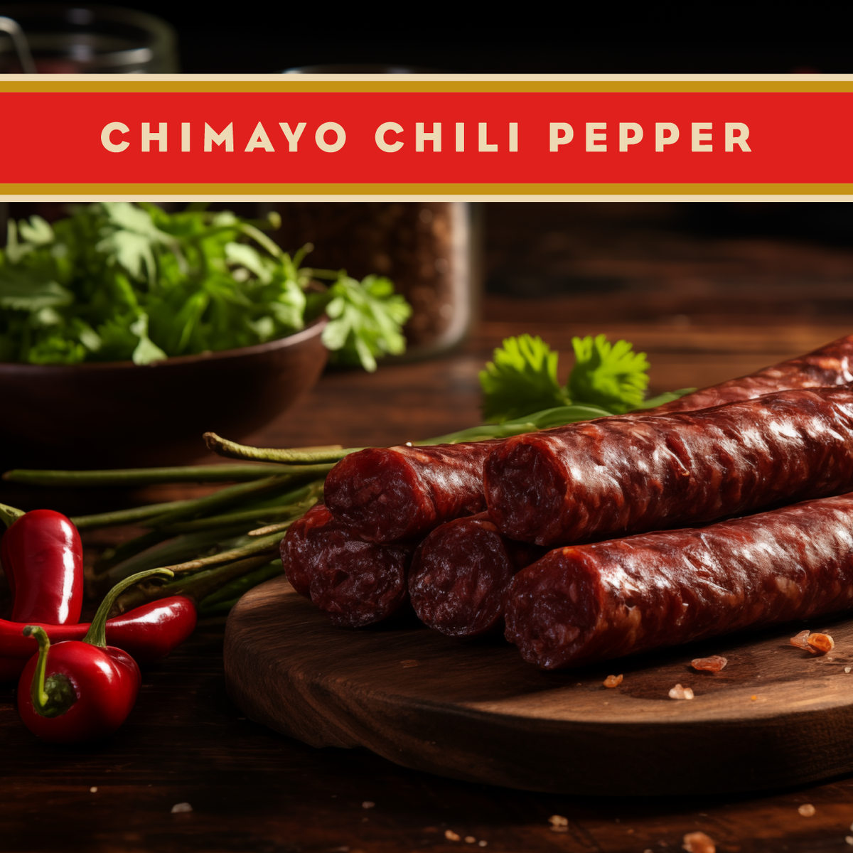 Wisconsin Beef Stick with Chimayo Chili Pepper from Artas'n Meats, showing a spicy beef jerky stick with chili seasoning.