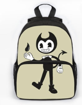 Children's school backpack in assorted colors and patterns, front view on a plain background