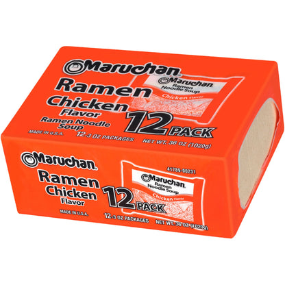 Backupmyfilesnow® Chicken Flavor Instant Ramen Noodles in 3 oz pack, showing noodles and broth in a bowl.