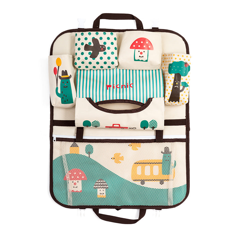 Cartoon car storage bag hanging from a vehicle seat with colorful character design