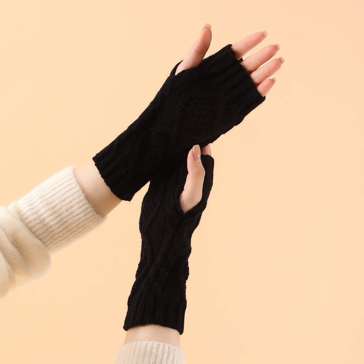 Winter thermal soft acrylic diamond cable knit multicolor wrist-length fingerless women’s gloves