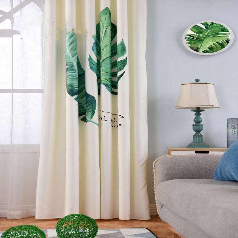 Banana leaf digital printing curtain with tropical leaf pattern and textured fabric detail