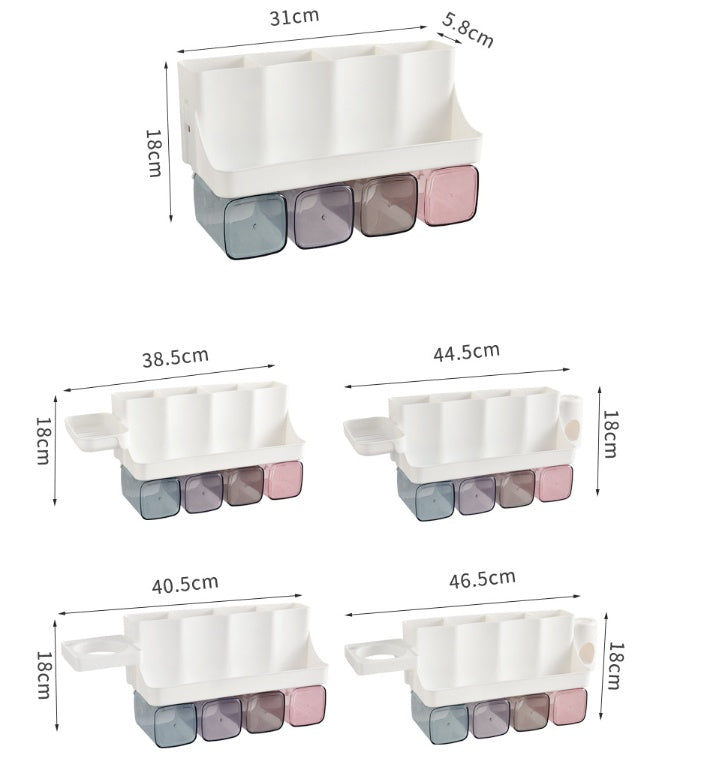 Perforation-free suction toothbrush holder and bathroom shelving toiletry set on wall