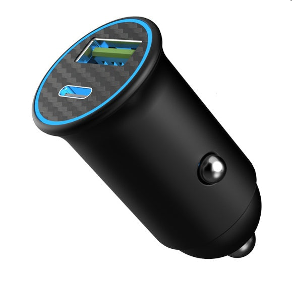Mini car charger with QC3.0 fast charging port, compact black design