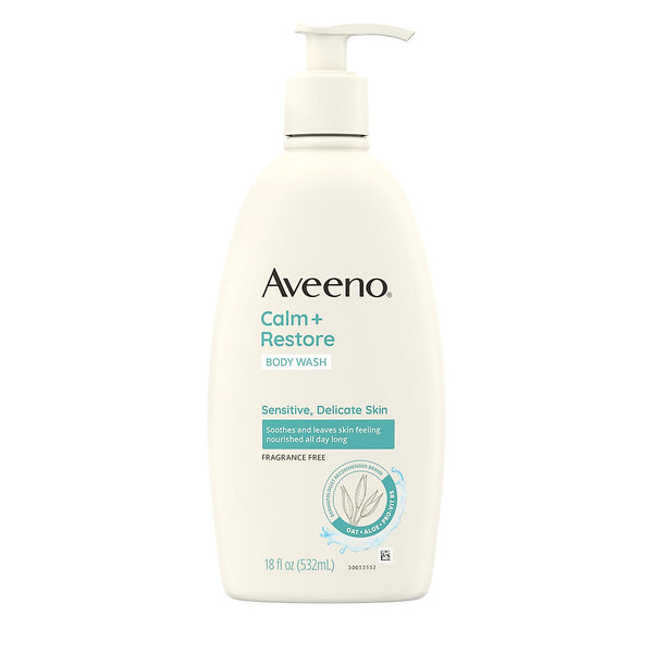 Aveeno Restorative Skin Therapy sulfate-free body wash in a clear 18 fl oz bottle with a blue and white label.