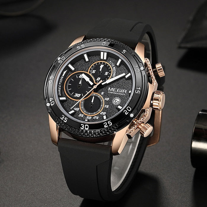 Multifunctional three-eye chronograph watch with silicone strap, featuring three subdials and a durable case