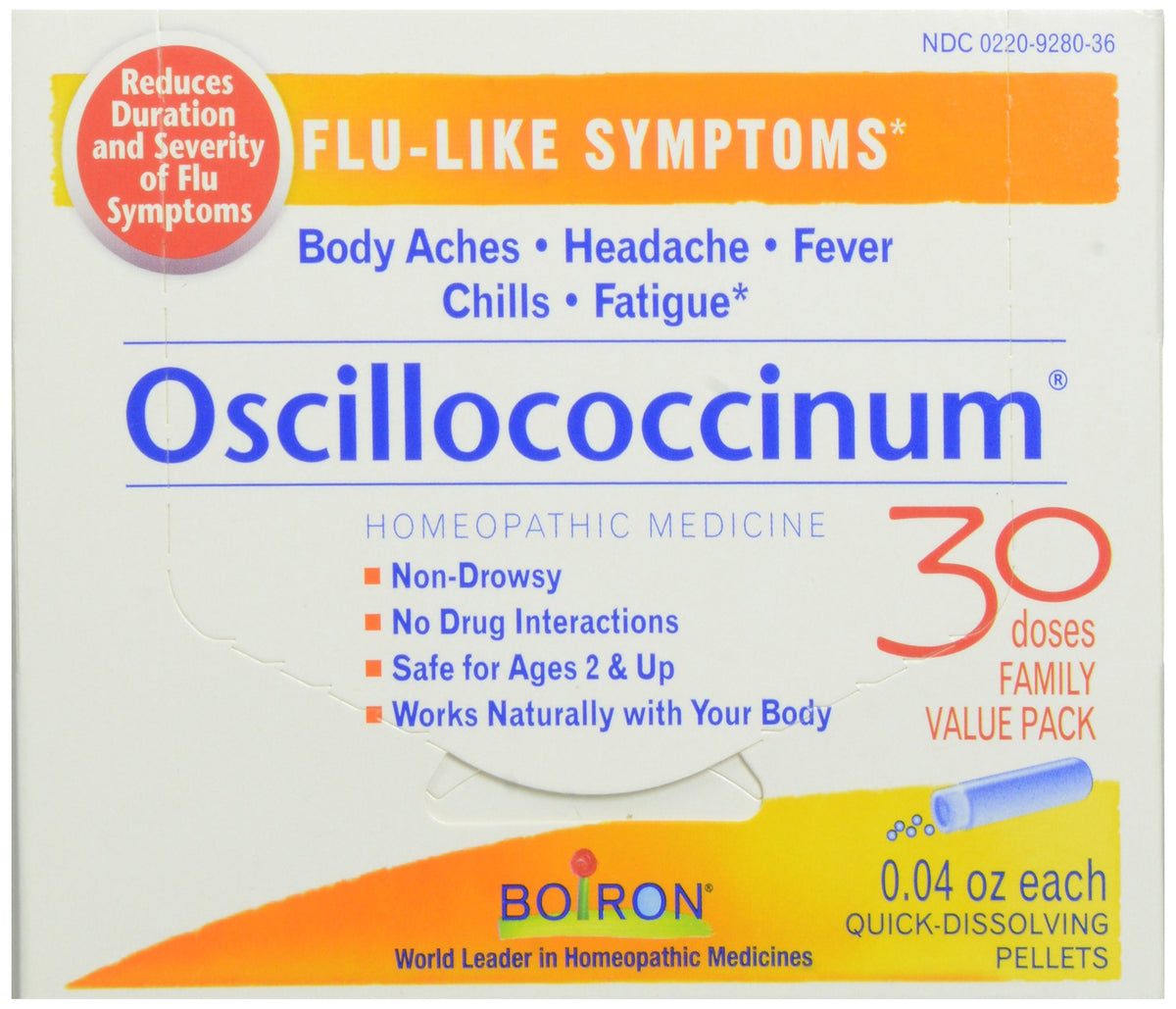 BackupsMyFilesNow Oscillococcinum flu relief 30 tablets package with tablets inside, natural remedy for flu symptoms.