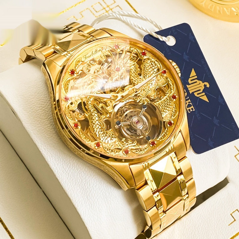 Men's water-resistant mechanical watch with hollowed-out design and stainless steel strap