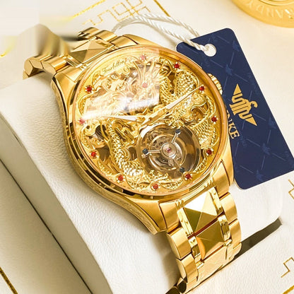 Men's water-resistant mechanical watch with hollowed-out design and stainless steel strap