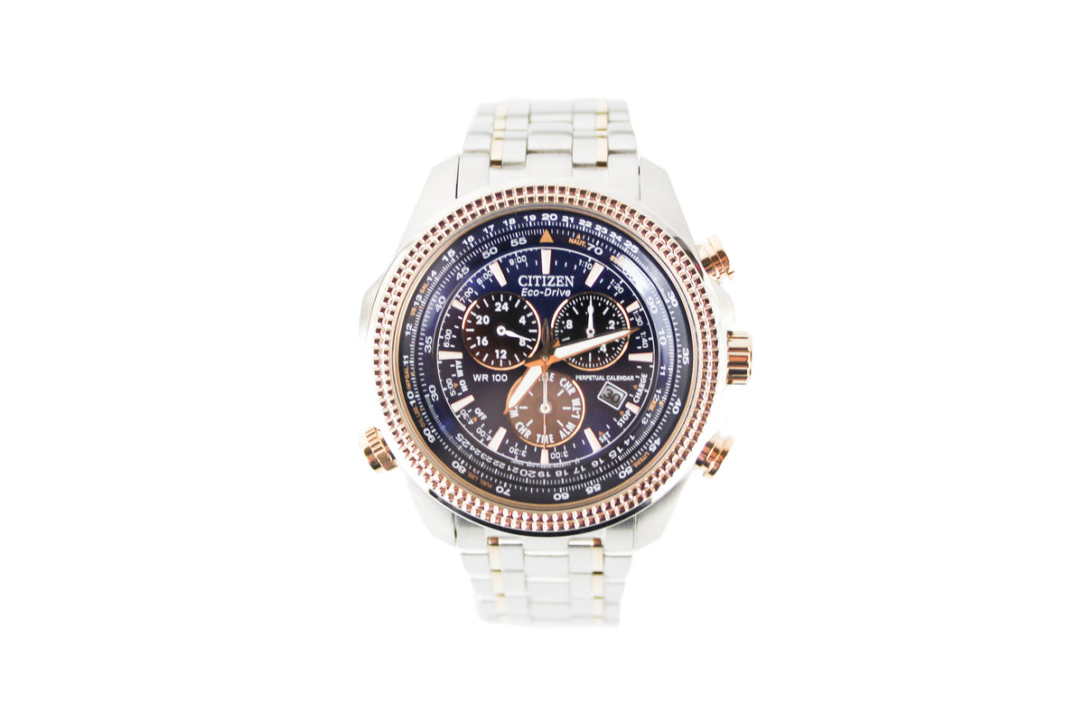 Citizen Eco Drive men's chronograph watch with two-tone stainless steel band and black dial, featuring date and subdials.