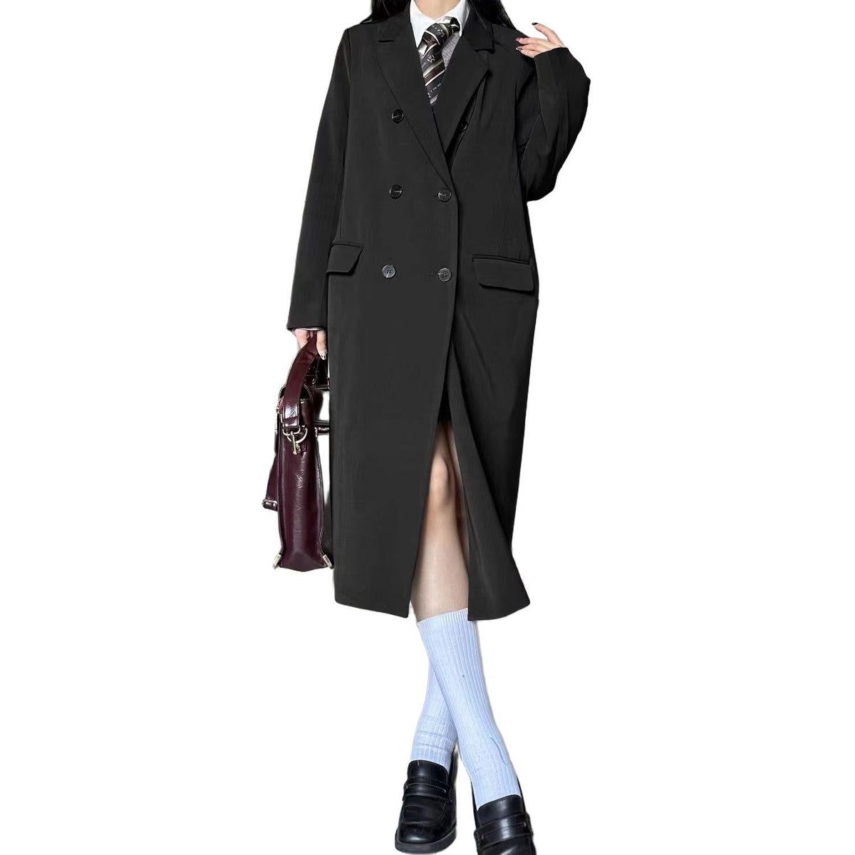Black long trench coat for women, double-breasted suit-style outerwear for spring and autumn